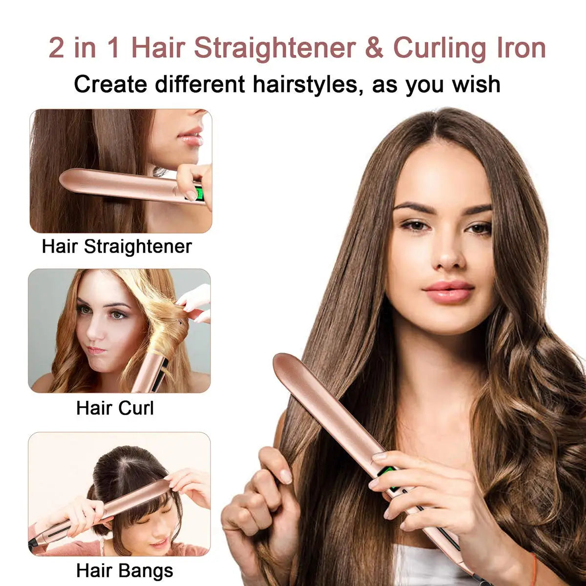 2 In 1 Hair Straightener and Curler Ceramic Flat Iron Hair Crimper LCD